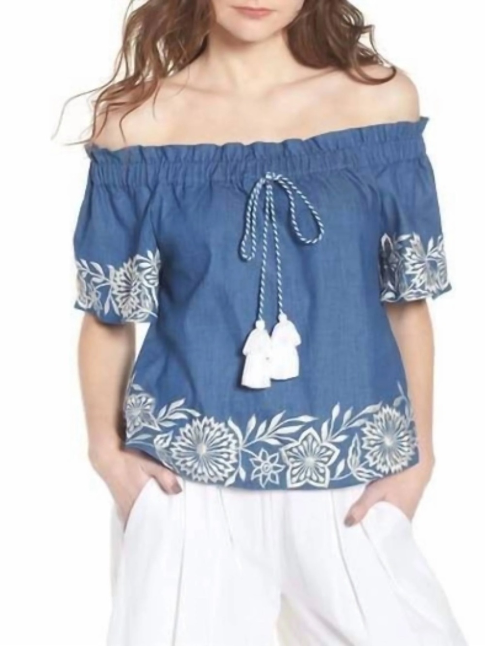 MISA Los Angeles Nisi Off Shoulder Embroidered Chambray Blouse Boho Top NWT L